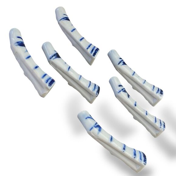 Japanese Blue & White Porcelain Ceramic Chopstick Rests Set of 6 Bamboo Pattern - Picture 5 of 5